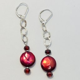 Sterling Silver Level Back Dangle Earrings, Silver Interlocking Rings And Dark Pink Stones 4.5 G