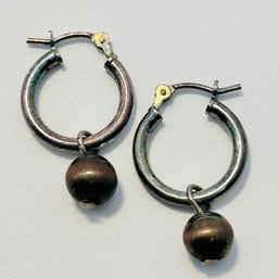 Sterling Silver Hinge Back Hoop Earrings With Dangle, Silver Balls, 1.6 G