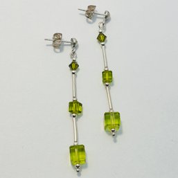 Sterling Silver Steed Back Dangle Earrings With Silver Rods And Beads And Green Glass Beads 2.82 G