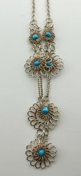 Sterling Necklace With Bead And Wire Flower Design 8.24g