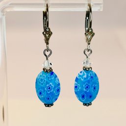 Sterling Silver Lever Back Dangle Earrings With Blue Flower Beats 3.08 G