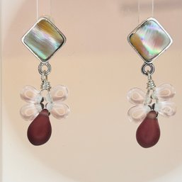 PB Sterling, Silver Stud, Back Dangle Earrings, Pink Clear Beads And Iridescent Stone 4.12 G