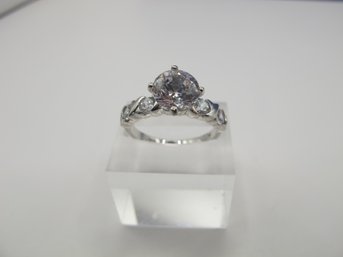 Sterling Band With Round Rhinestone Solitaire 3.61g  Size 7