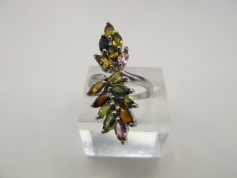 Sterling Floral Ring With Multicolored Stones 3.83g  Size 4.5