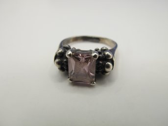 Sterling Ring With Emerald Cut Pink Rhinestone 4.94g  Size 6
