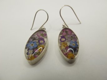 MEXICO Sterling Hook Earrings With Pressed Flowers 3.20g