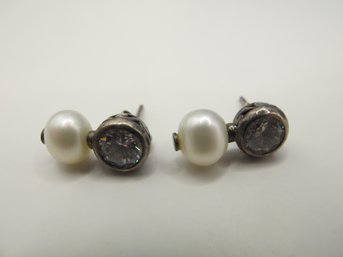 Sterling Pearl And Rhinestone Earrings 3.46g