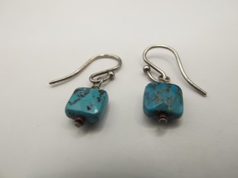 Sterling Hook Earrings With Square Turquoise Beads 1.69g