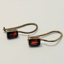 Sterling Silver Hook Back Earrings With Red Stones, 1.35 G