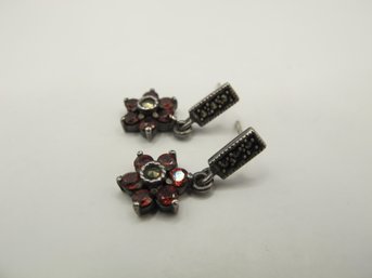 Sterling Dangle Flower Bead Earrings With Marcasite 3.81g