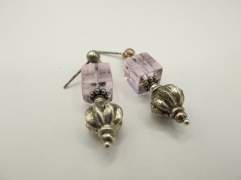 Pink Square Bead Earrings With Sterling Setting  5.73g