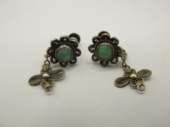 Vintage Sterling Earrings With Green Center - Screw Back 4.97g