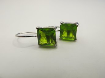 Sterling Hook Earrings With Green Square Rhinestone 2.35g