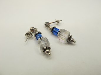 Sterling Dangle Earrings With Blue And White Beads 3.24g