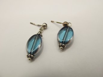 Sterling Drop Earrings With Clear Blue Beads 2.60g
