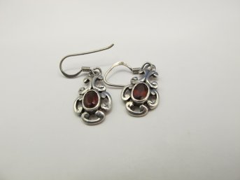 6LP Vintage Sterling Drop Earrings With Red Center Stone 3.08g