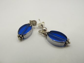 Sterling Drop Earrings With Clear Blue Glass Bead 2.65g