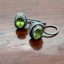 Bezel Set Oval Peridot Sterling Drop Earrings - 2.45 Grams