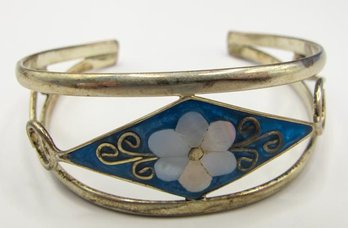 Sterling Cuff Bracelet With Blue Floral Inlay 13.92g