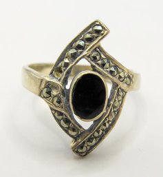 Sterling Ring- Modern With Black Inlay And Marcasite 2.86g  Size 4.5