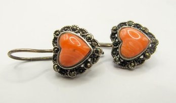 Sterling Drop Earrings With Coral Heart 3.83g