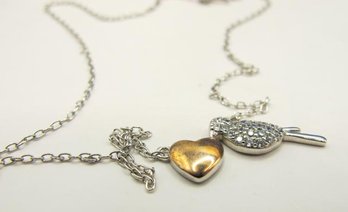 Sterling Necklace With Rhinestone Bird And Copper Colored Heart 2.03g