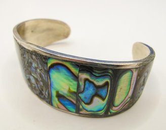 Sterling Cuff Bracelet With Iridescent Stone Inlay 19.06g