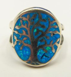 Sterling Band With Tree Design And Iridescent Stone Inlay 4.96g Size 7