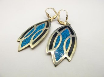 MEXICO Sterling Feather Drop Earrings With Turquoise And Onyx Inlay 6.38g