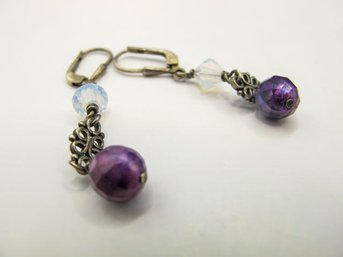 Sterling Dangle Earrings With Purple And Clear Beads 3.11g
