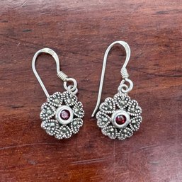 Garnet & Marcasite Dangle Earrings - Sterling - 1.71 Grams