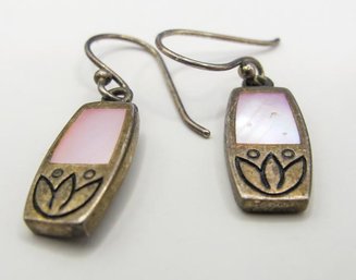 Sterling Drop Earrings With Pink Bead 3.50g