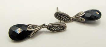 Vintage Earrings With Black Beads And Marcasite In A  Sterling Setting 2.73g