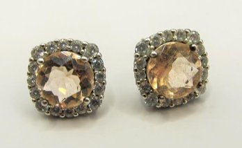 Sterling Stud Earrings With Pink And Clear Rhinestones 3.28g
