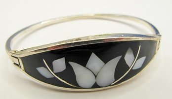 Sterling Cuff Bracelet With Black Floral Inlay 12.45g