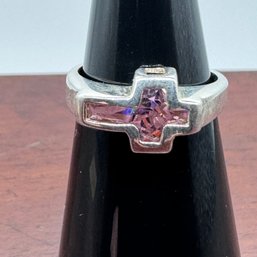 Pink Quartz Cross Ring - Sterling - 2.62 Grams - Size 5