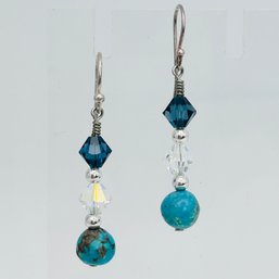 Turquoise Sterling Silver And Glass Bead Dangle Hook Back Earrings 2.34 G