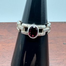 Bezel Set Garnet In A Sterling Silver Link Band - 3.23 Grams - About Size 7