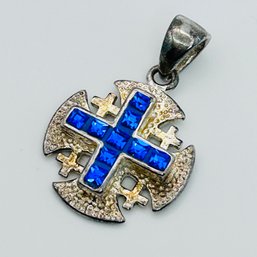 Jerusalem Sterling Silver Cross Pendant Blue Stone , 5.1 G