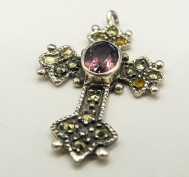 Sterling Cross Pendant With Purple Stone And Marcasite 2.38g