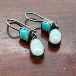 Turquoise & Mother Of Pearl Sterling Silver Earrings - 2.41 Grams