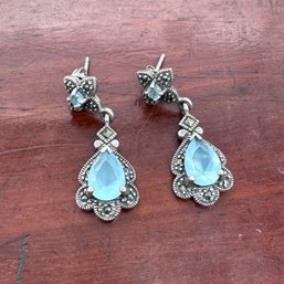 Pale Blue Topaz & Marcasite Dangle Earrings - Sterling - 6.54 Grams