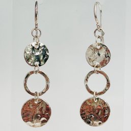 China Sterling, Silver Triple Hammered Disc Dangle Earrings 3.28 G