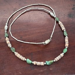 Green Turquoise & Shell Necklace - Sterling Chain & Accents - 10.28 Grams - 20'