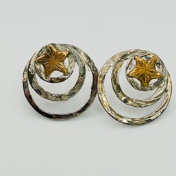 Sterling Silver Pushback Swirl And Gold Tone Star Earrings 1.65 G