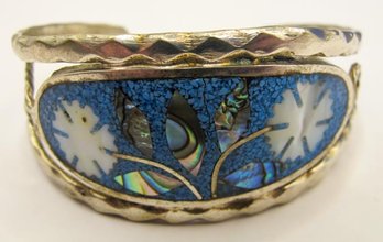 MEXICO Sterling Cuff Bracelet With Floral Inlay 17.71g