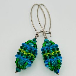 Sterling Silver  Hooked Back Earrings, Green And Blue Beating 8.1 G