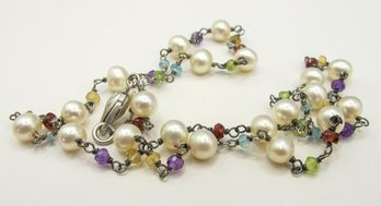 Necklace With Sterling Pearls And Multi-colored Beads  9.53g