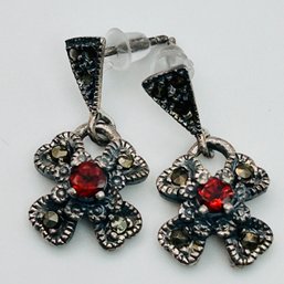 GARNET And MARCASITE Sterling Silver Pushback Dangle Earrings 4.52 G