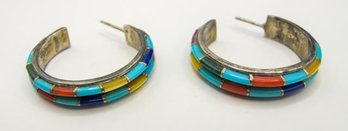 Sterling Hoop Earrings With Multicolored Stones 7.44g